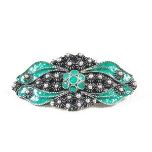 Antique Victorian 800 silver green enamel filigree brooch, curved choker pin